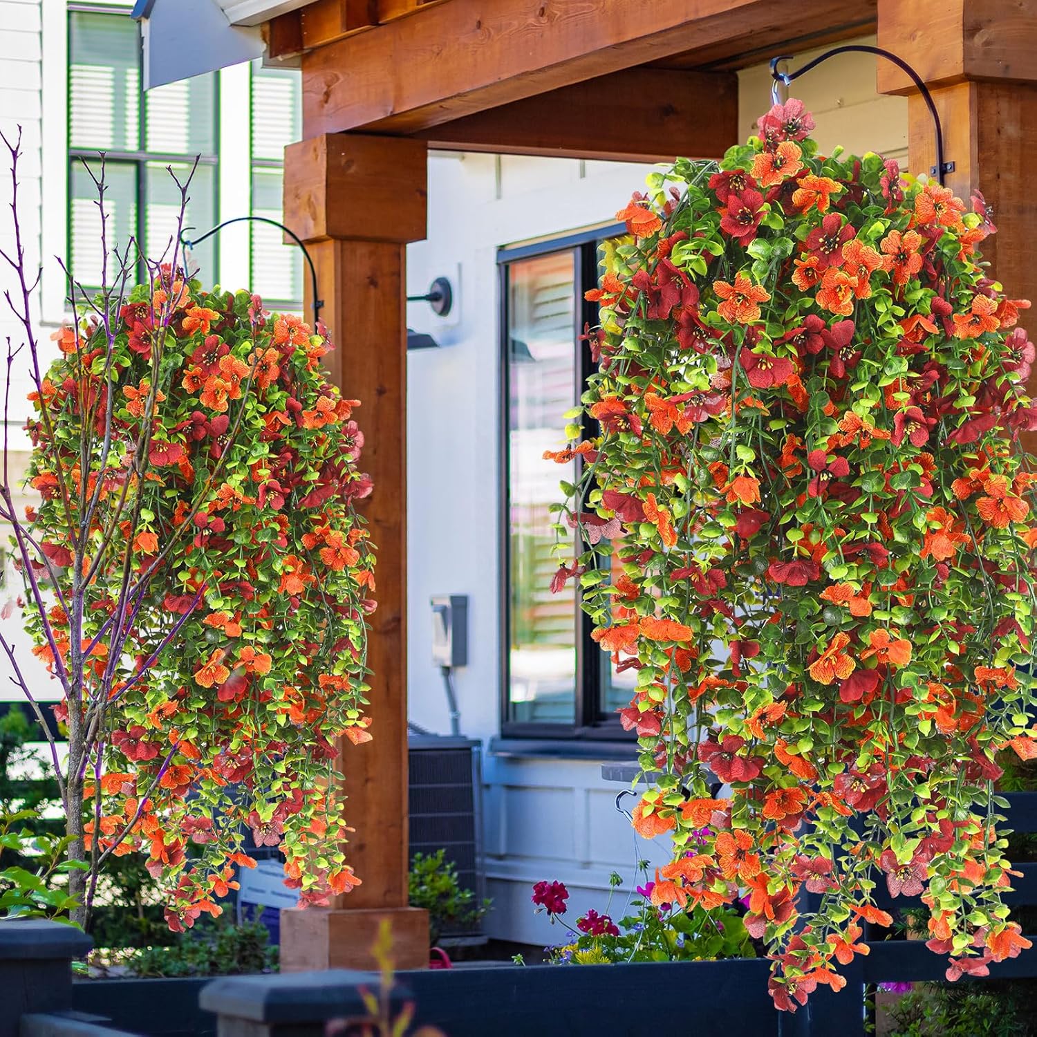 12 Pcs Fall Artificial Hanging Flowers Plants For Outdoor Decoration Fake Silk Mums Uv Resistant Daisy Look Real Autumn Violets With Eucalyptus Trailing Vines Porch Patio Yard Garden Balcony