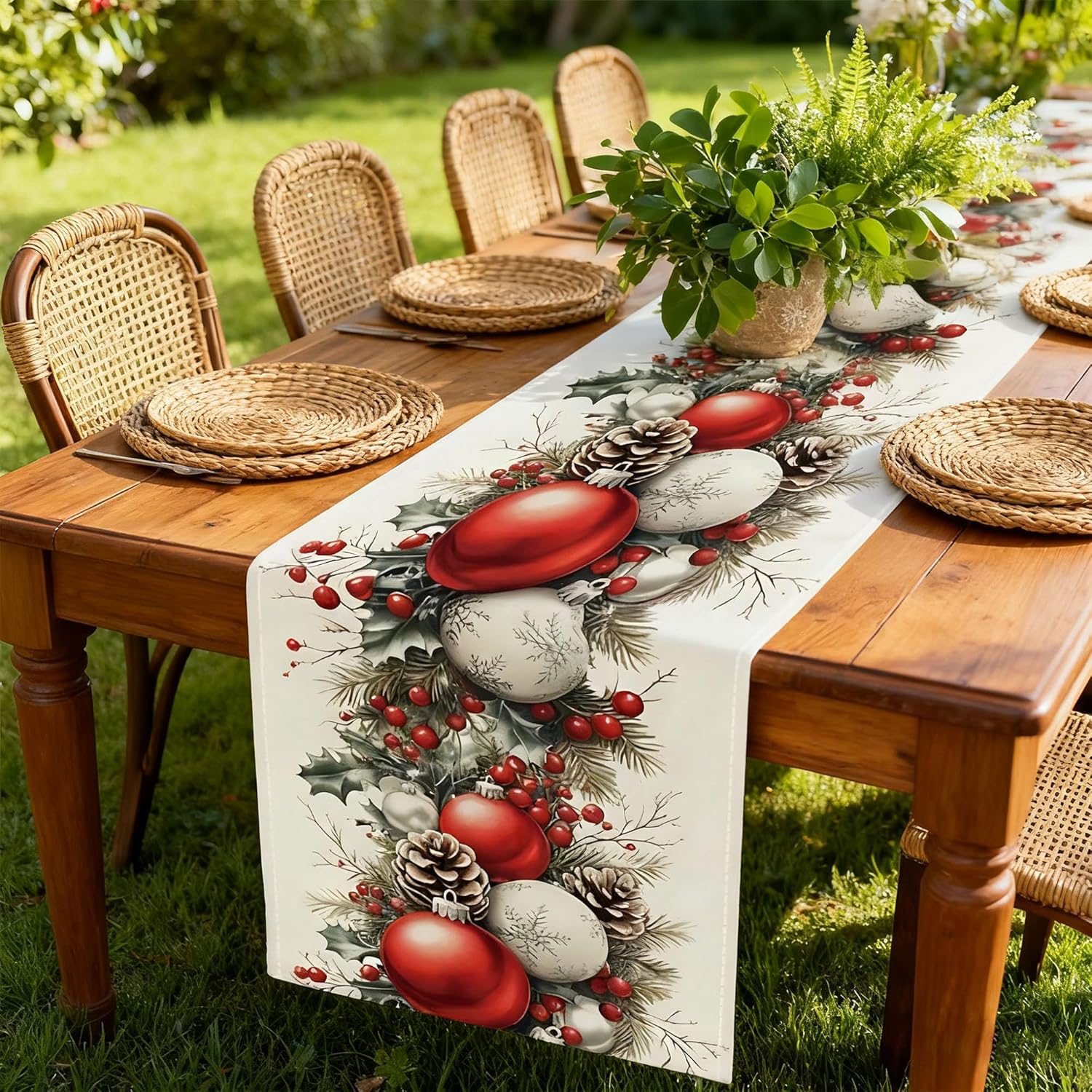 Christmas Table Runner Linen Tablerunner - Merry Xmas Table Decor With Balls Holly Leaves Berries Pine Cones Branches Perfect For Rustic Winter Holiday Kitchen Dining, Party, Mantel 13×72Inches(1 Pcs)