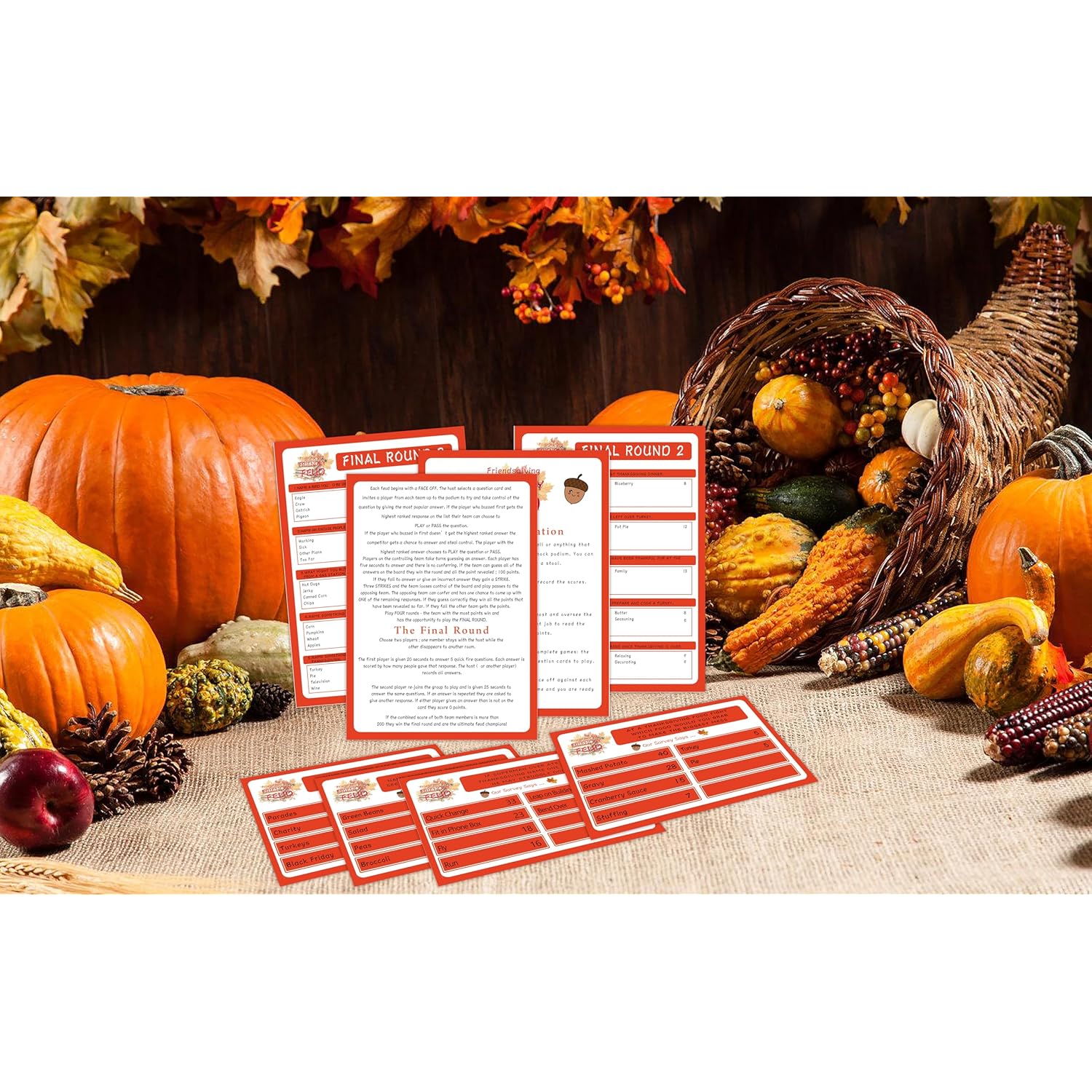 Thanksgiving Friendly Family Feud Game, Feud Trivia Quiz, Baby Shower Game For Family Activity (12 Question Cards & 3 Final Round Cards) Thanksgiving Games For Family Party Decorations Supplies-Sg4