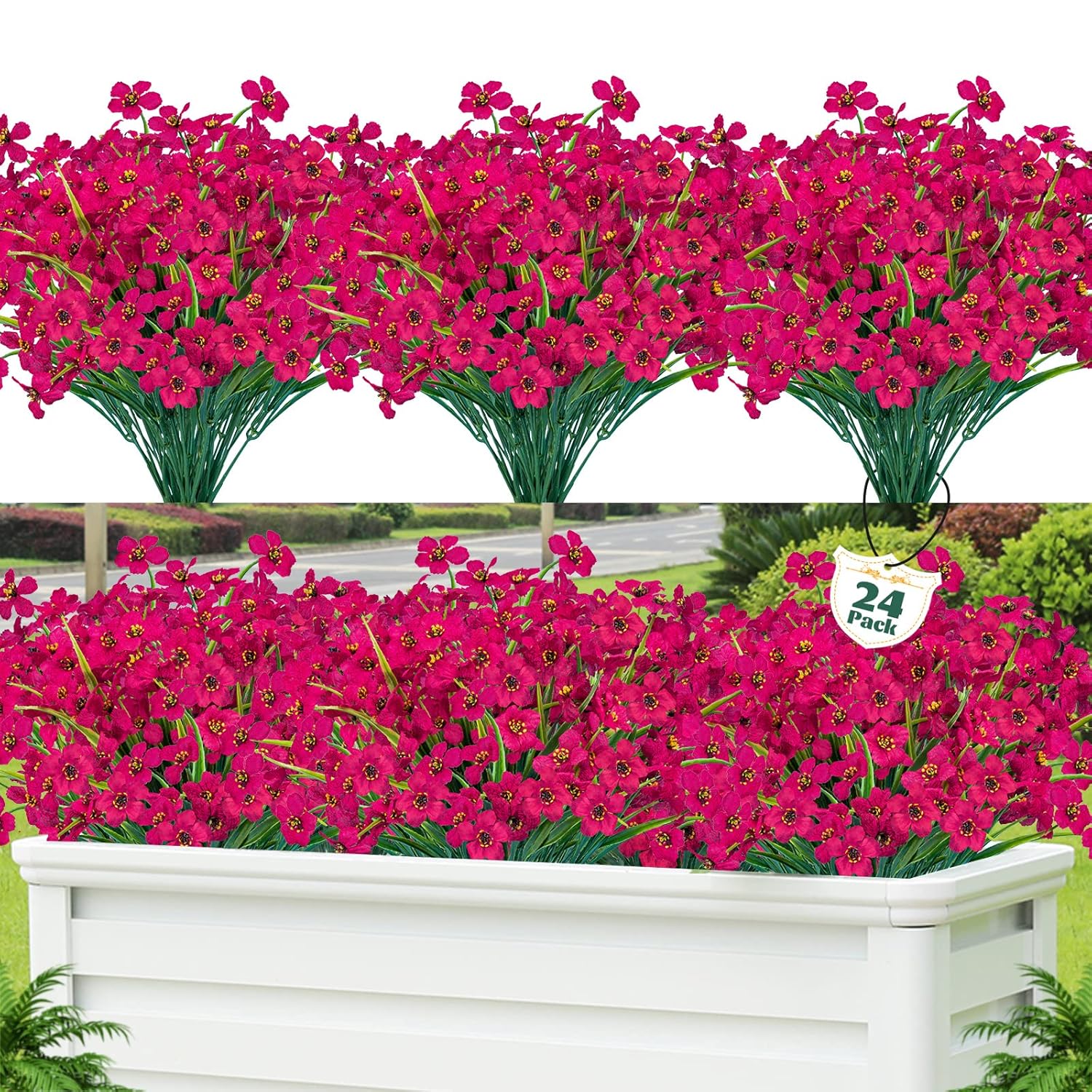 24 Pcs Artificial Flowers For Outdoor,Plastic Flowers Decoration, Uv Resistant Faux Flowers Shrubs, Artificial Plants For Indoor Outside Garden Home Wedding Farmhouse(Rose Red)