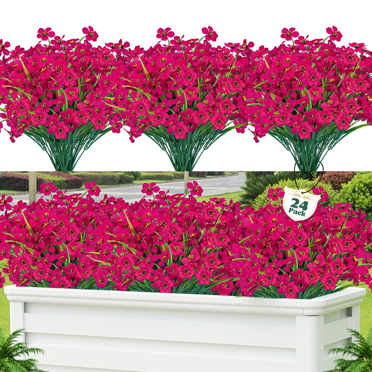 24 Pcs Artificial Flowers For Outdoor,Plastic Flowers Decoration, Uv Resistant Faux Flowers Shrubs, Artificial Plants For Indoor Outside Garden Home Wedding Farmhouse(Rose Red)