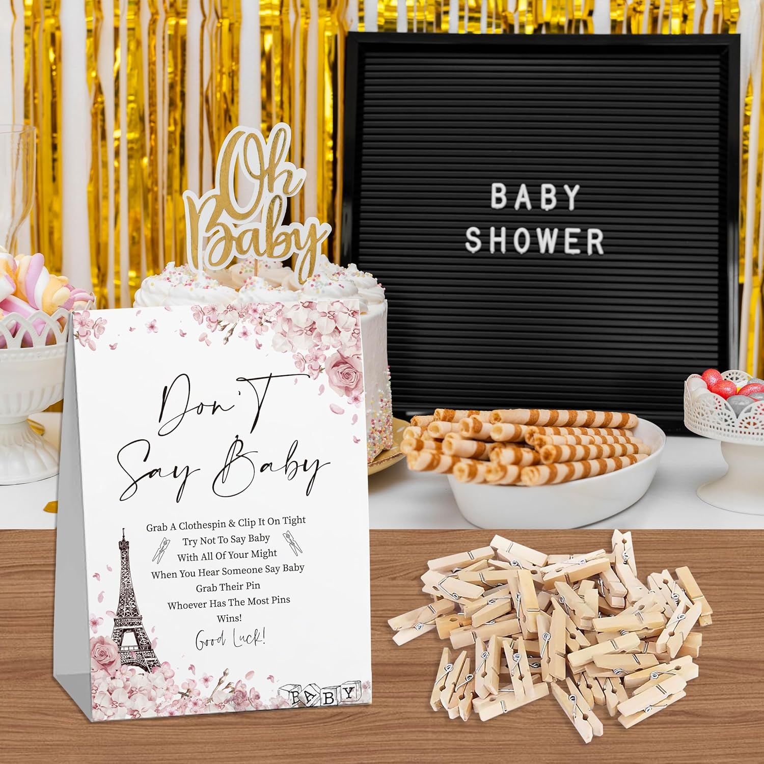 French Paris Baby Shower Games, Don'T Say Baby Game (One Sign With 50 Mini Clothespins), Paris Eiffel Tower Theme Babyshower Decorations, Gender Reveal Game-Dsbb14