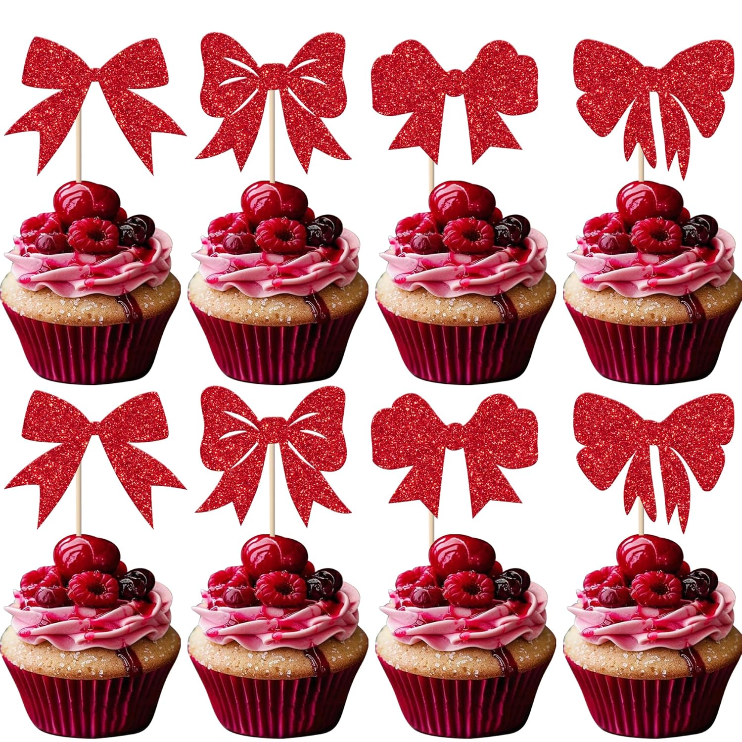 24 Pack Bow Cupcake Toppers Christmas Bowknot Themed Birthday Cupcake Picks Decorations For Merry Christmas Baby Shower Birthday Wedding Party Decorations