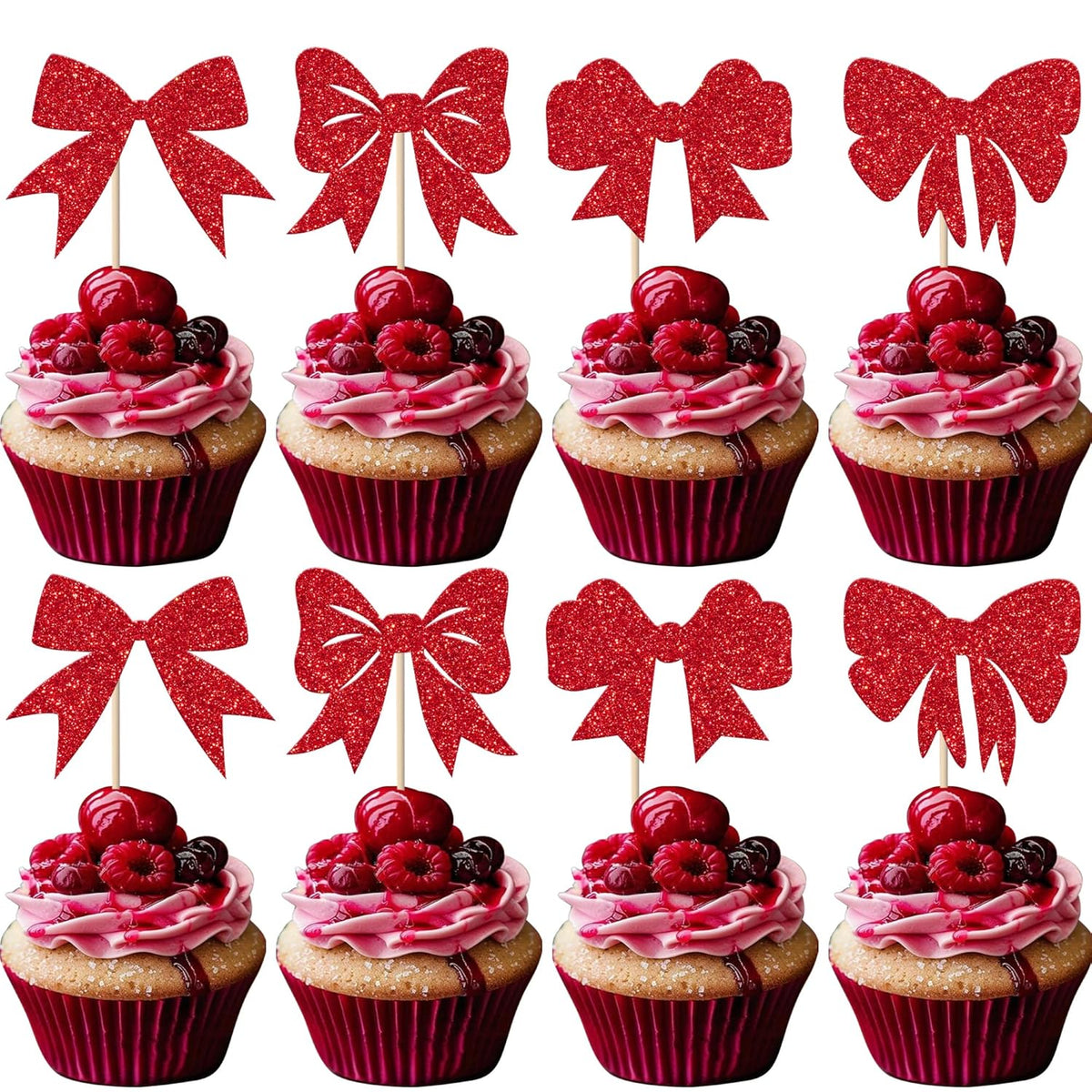 24 Pack Bow Cupcake Toppers Christmas Bowknot Themed Birthday Cupcake Picks Decorations For Merry Christmas Baby Shower Birthday Wedding Party Decorations