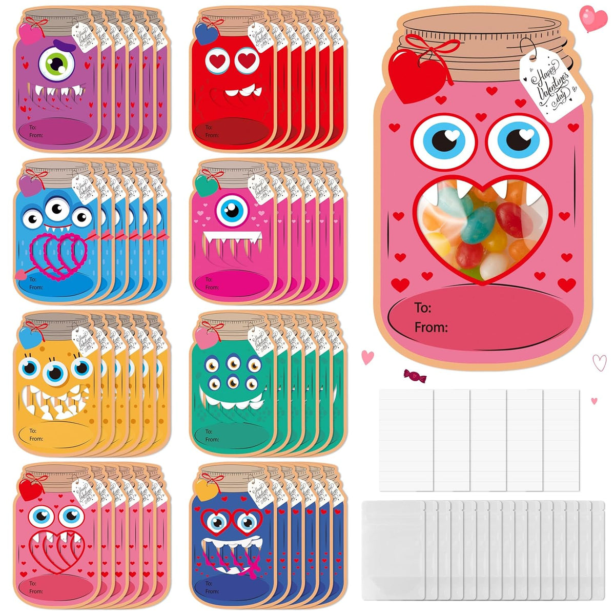 Mason Jar Valentines Day Cards - 48 Pack Monster Mason Jar Valentine Exchange Cards With Treat Bag Bulk For Kid, Funny Monster Exchange Gifts For Boys Girls Classroom Party(Candy Not Included)