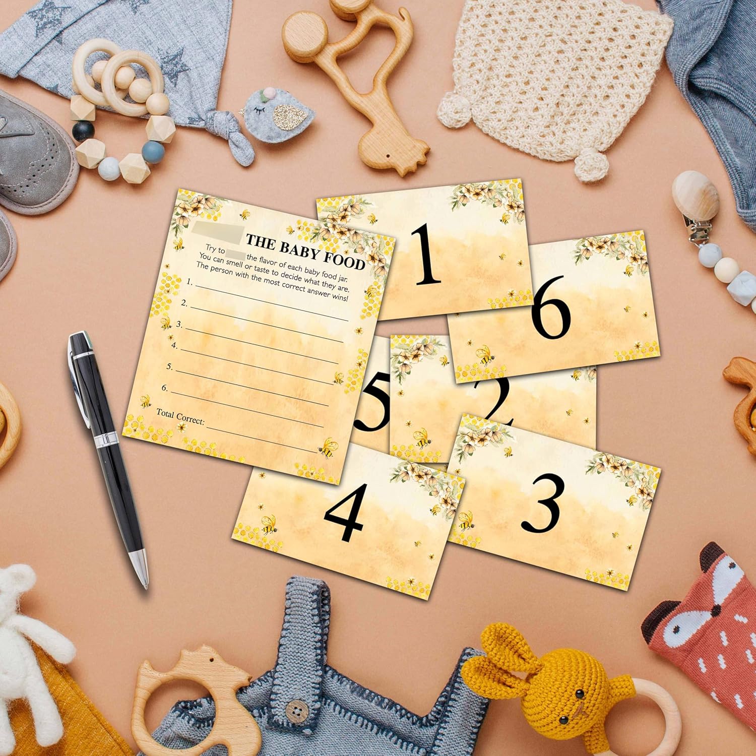 Find The Baby Food Party Games, Honey Bee Baby Shower Game Set (1 Standing Sign + 20 Answer Cards + 6 Number Cards), Sunflowers Name The Baby Food Game, Baby Shower Favors Decorations(09)