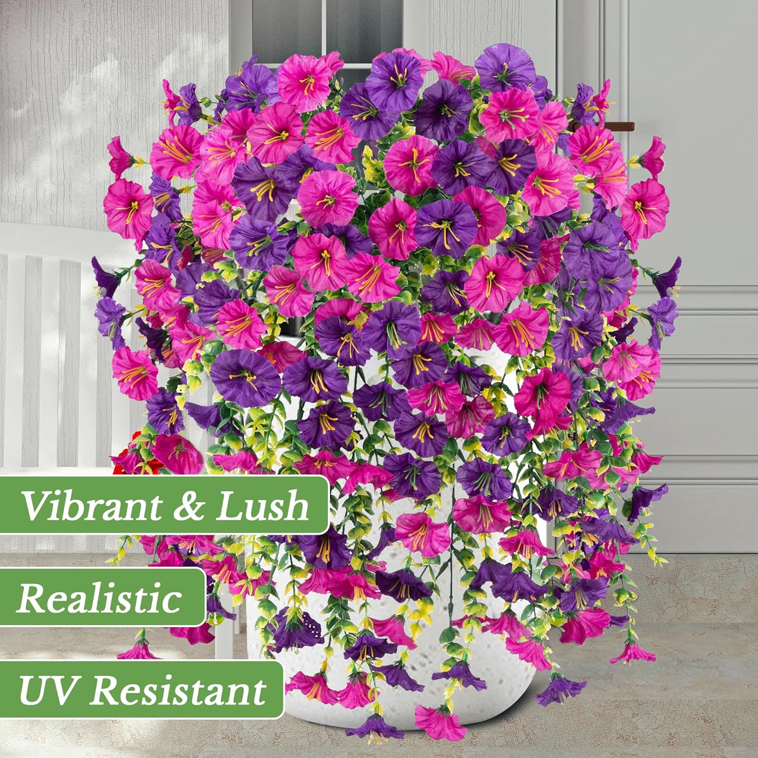 4 Pcs Fake Hanging Plants Artificial Flowers For Outdoors, Silk Petunia Faux Flowers Look Real Trailing Vines Uv Resistant Faux Plants For Home Planter Porch Patio(2 Rose Red+2 Purple)