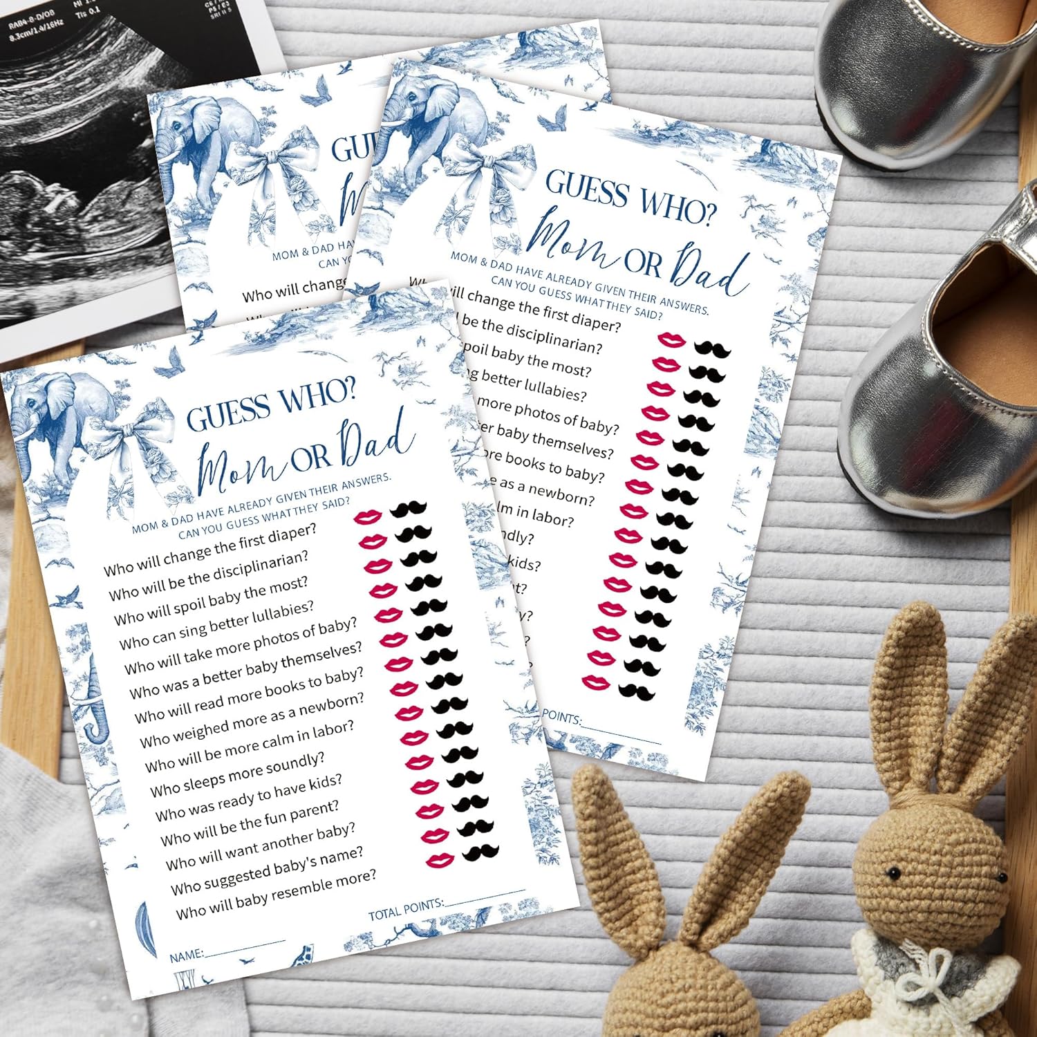 Toile Baby Shower Games, Mommy Or Daddy Game, Fun Baby Shower Party Supplies Decorations, Baby'S Announcement, Gender Neutral, 25 Blue Elephant And Bow Theme Games Cards-C05