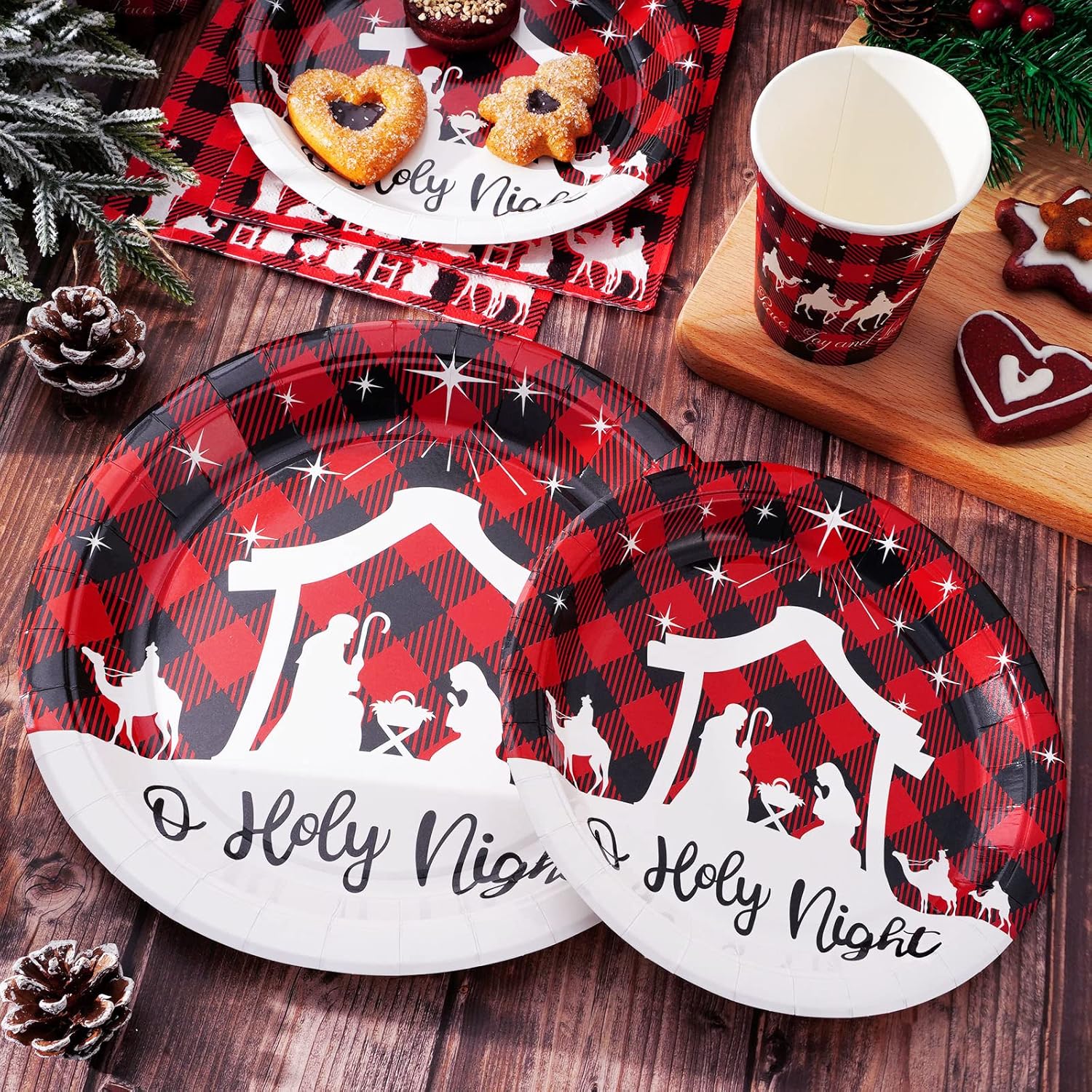 100Pcs Christmas Tableware Set Jesus Holy Night Disposable Paper Plates Napkins Cups Xmas Religious Red Black Buffalo Plaid Dinnerware Set Serves Guests For Christmas Baptism Party Supplies