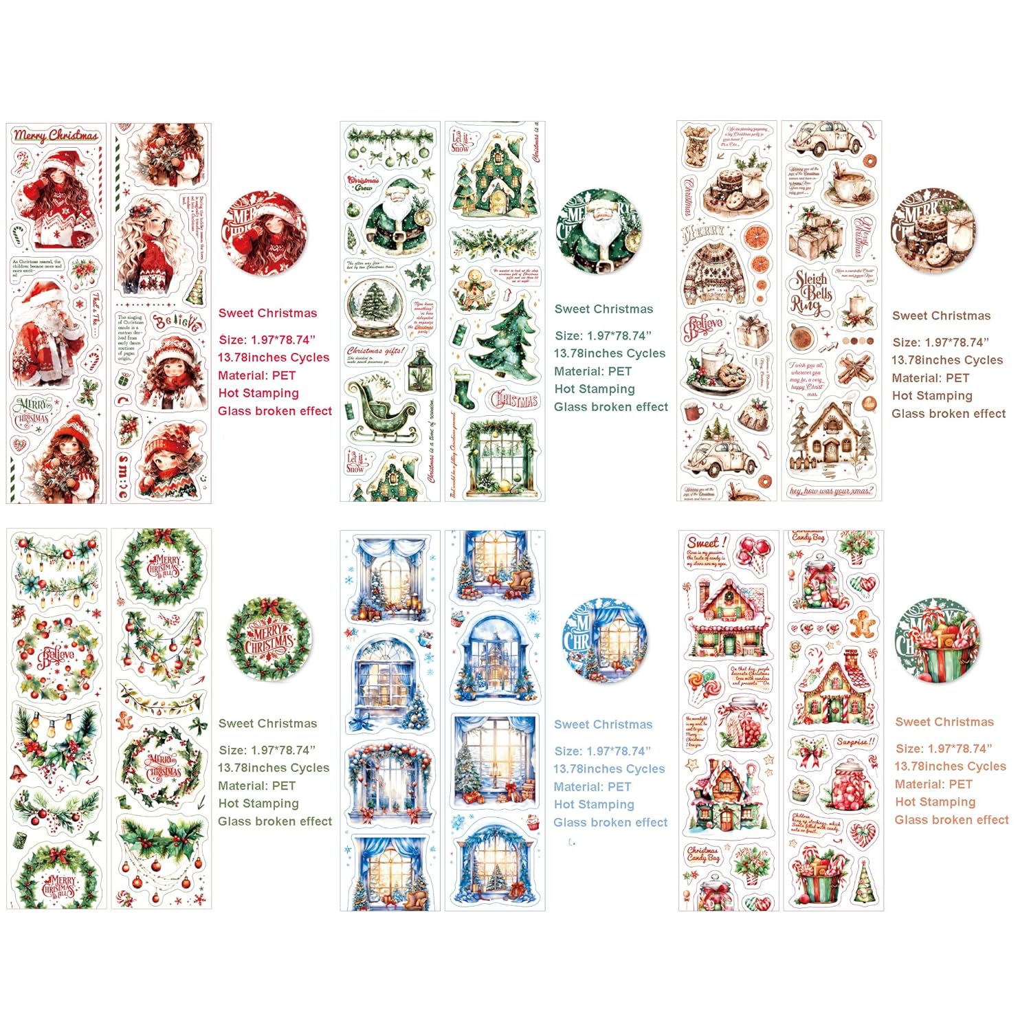 6 Rolls Christmas Washi Tape Set Pet Christmas Tape Stickers For Journaling, Scrapbooking, Decorative Tape For Diy Crafts Supplies Junk Journal Wide Washi Tape (Xmas 2)