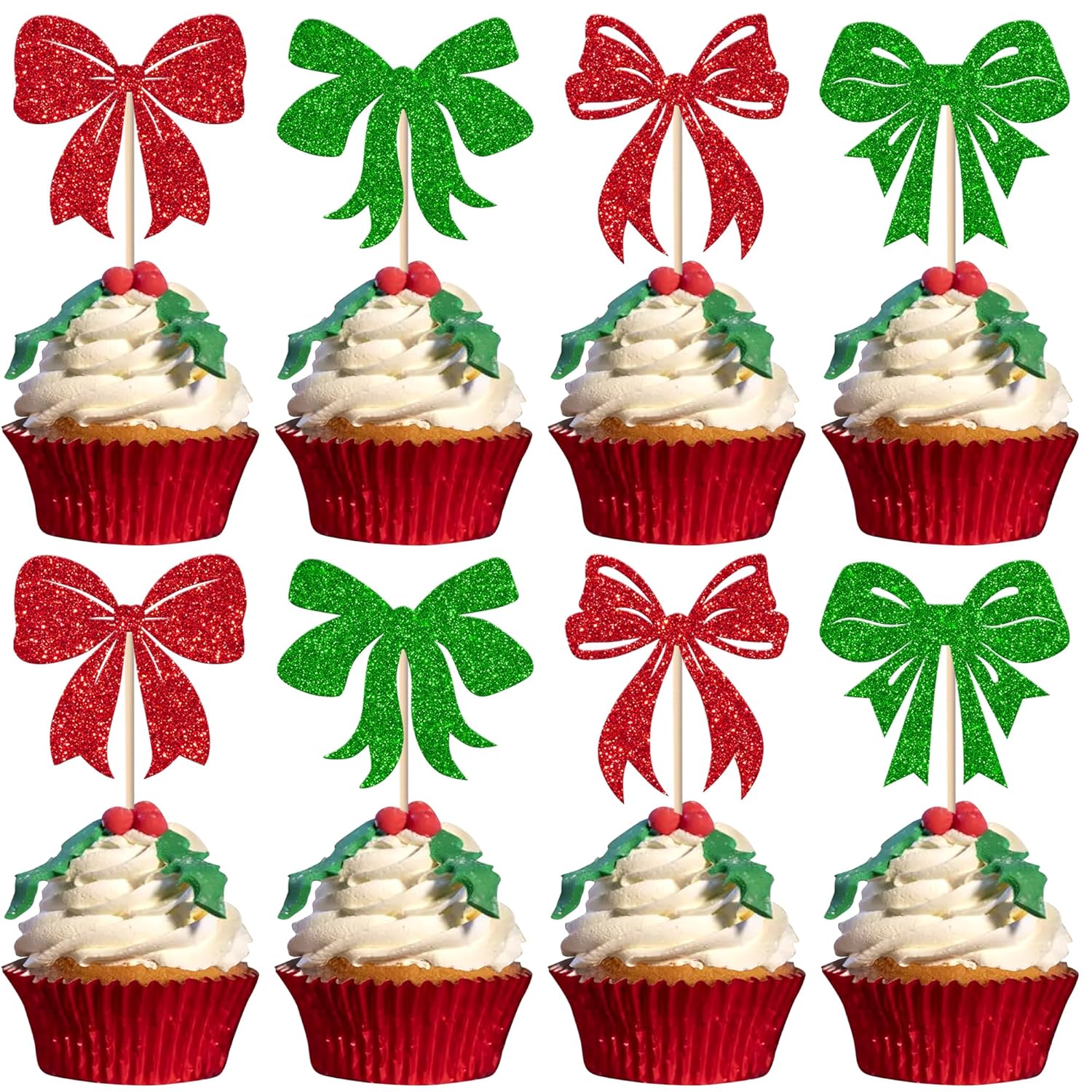 24 Pack Christmas Bowknot Cupcake Toppers Merry Christmas Cake Decorations Xmas Bow Themed Birthday Cupcake Picks For Christmas Party New Year Bridal Shower Party Decorations Multi