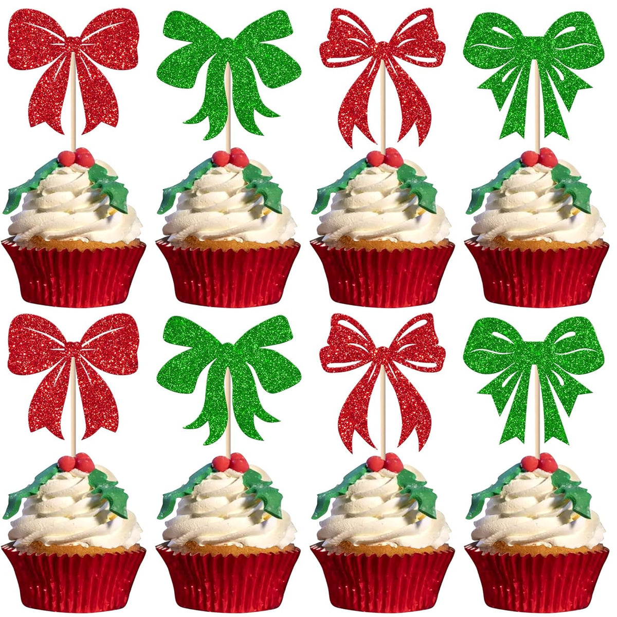 24 Pack Christmas Bowknot Cupcake Toppers Merry Christmas Cake Decorations Xmas Bow Themed Birthday Cupcake Picks For Christmas Party New Year Bridal Shower Party Decorations Multi