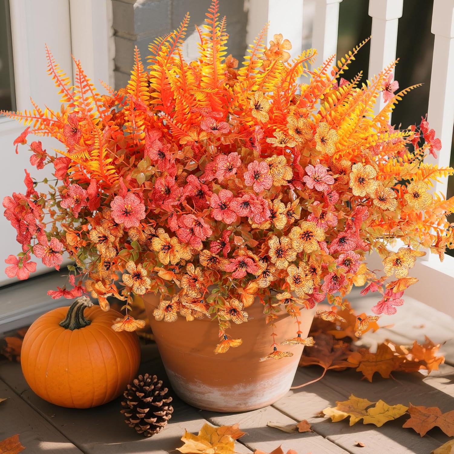 Artificial Fall Flowers Fake Mums Plants For Outdoors Decoration, 14 Bundles Faux Silk Daisy And Ferns Uv Resistant Autumn Fake Planter For Home Porch Patio Yard Window Box