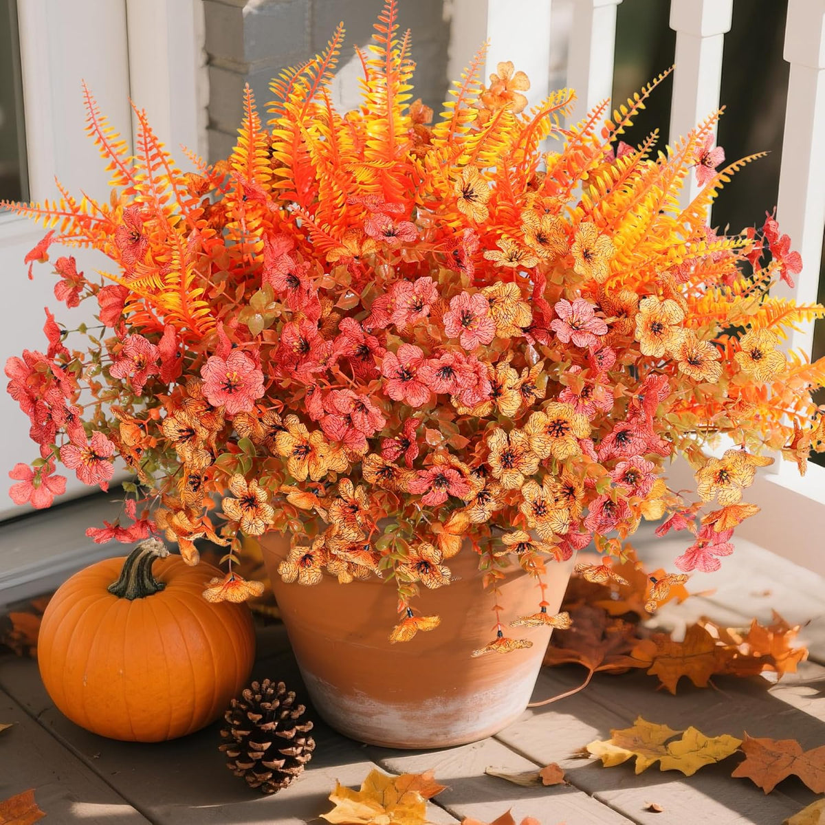 Artificial Fall Flowers Fake Mums Plants For Outdoors Decoration, 14 Bundles Faux Silk Daisy And Ferns Uv Resistant Autumn Fake Planter For Home Porch Patio Yard Window Box