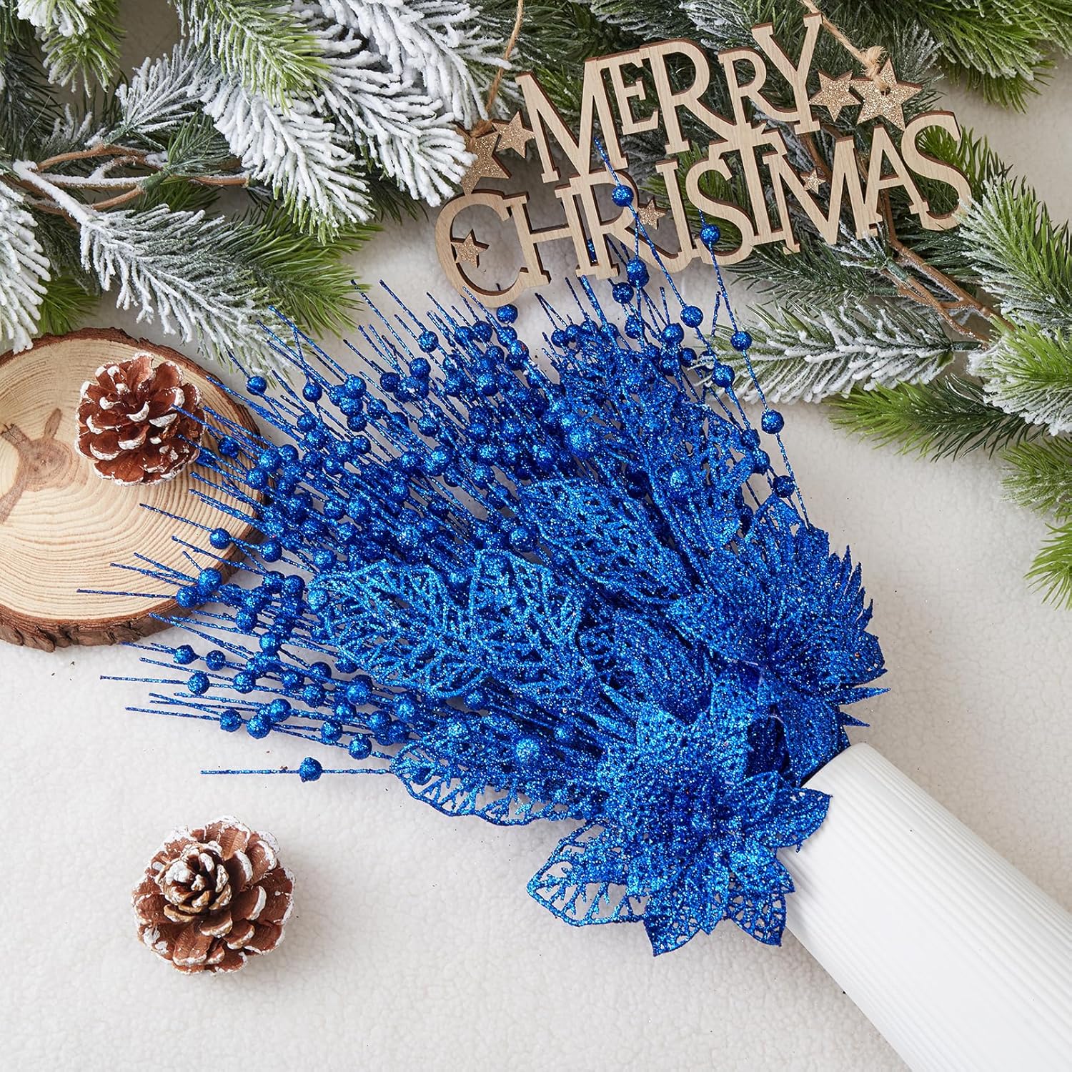 24 Pack Christmas Tree Ornaments - Artificial Flowers Glitter Berry Stems Christmas Floral Picks Branches For Xmas Tree Decorations Vase Filler Holiday Wedding Party Home Decor (Blue)