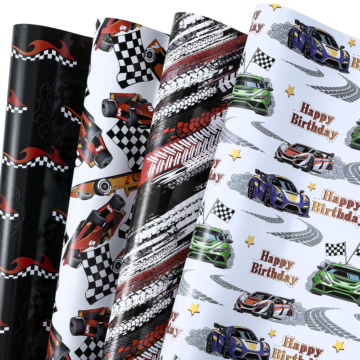 Race Car Birthday Wrapping Paper - 12 Sheet - Flames, Checkered Flags, Happy Birthday Text, Racing Cars & Tire Tread Pattern For Kids, Boys, Racing Lover - 27.5 X 19.6 Inches Per Sheet