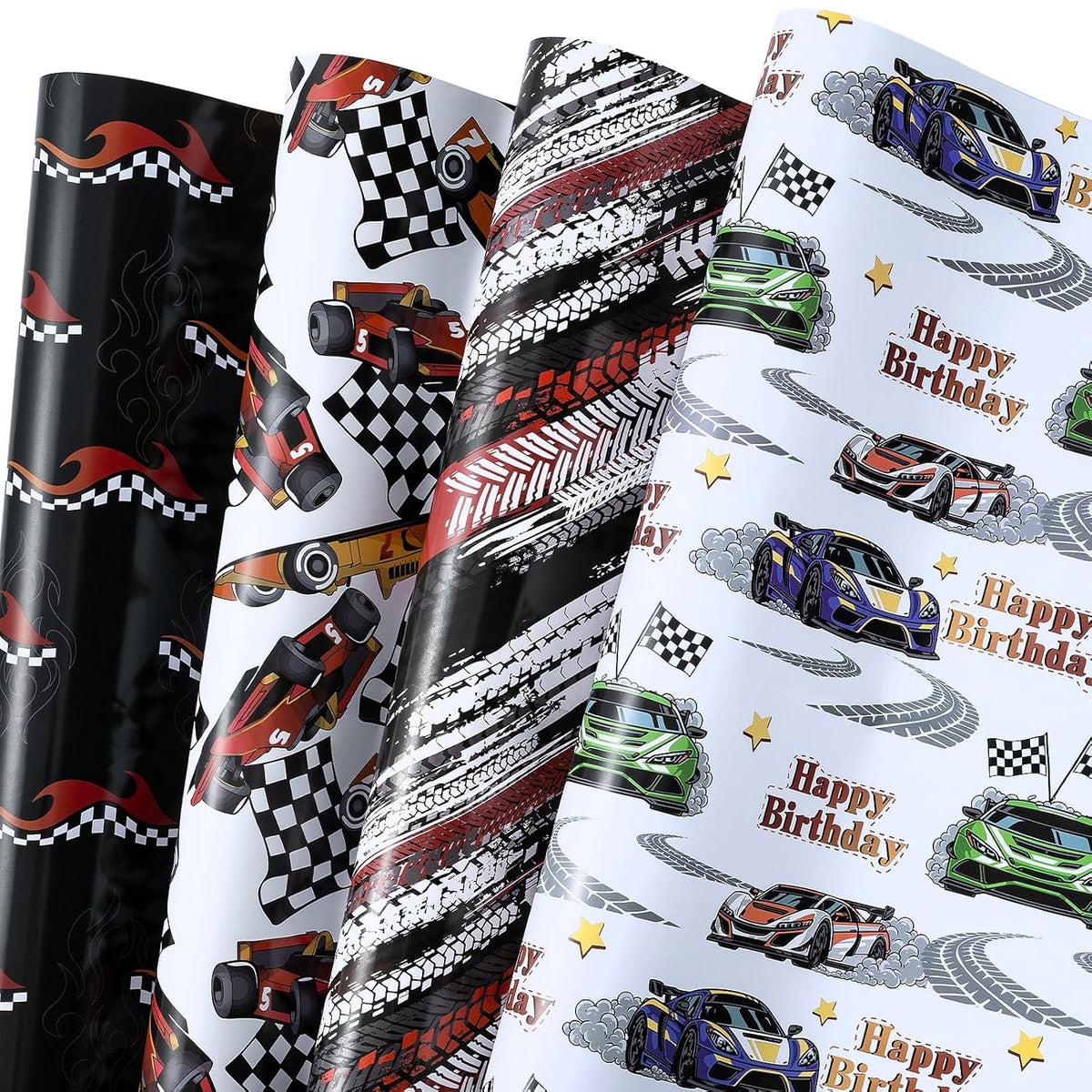 Race Car Birthday Wrapping Paper - 12 Sheet - Flames, Checkered Flags, Happy Birthday Text, Racing Cars & Tire Tread Pattern For Kids, Boys, Racing Lover - 27.5 X 19.6 Inches Per Sheet