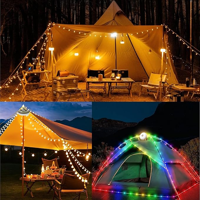 32.8FT Camping String Lights Waterproof 4 in 1 Outdoor LED Lights with 8 Lighting Modes Portable Tent Lights for Camping Hiking Garden Yard Travel Christmas Holiday Decoration