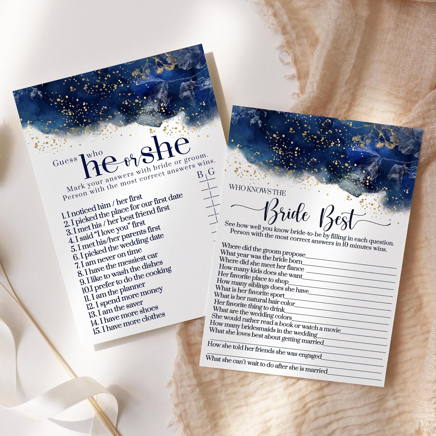 Blue Bridal Shower Games - Bundle Includes He Said Or She Said & Who Knows The Bride Best - 25 Double-Sided Cards - Fun Ideas For Engagement Parties & Rehearsal Dinners - Gold Floral Design