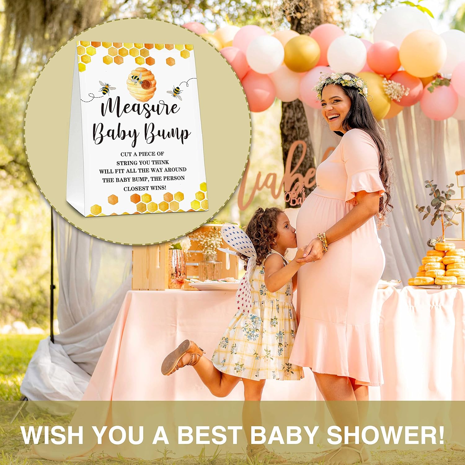 Bee Baby Shower Party Game Measure Baby Bump Self-Standing Sign With 50 Cards, Mommy To Bee Themed Card Honeycomb Bumble Bee Baby Shower Decor, Baby Gender Reveal Party Game(5"X7") - Bump-C01