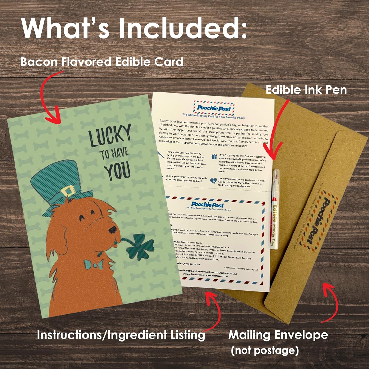 Poochie Post Holiday Edible Greeting Card For Dogs, Bacon-Flavored St. Patrick'S Day Dog Treat Gift With Edible Ink Pen, "Lucky To Have You" Design, Gluten & Grain Free, Made In Usa