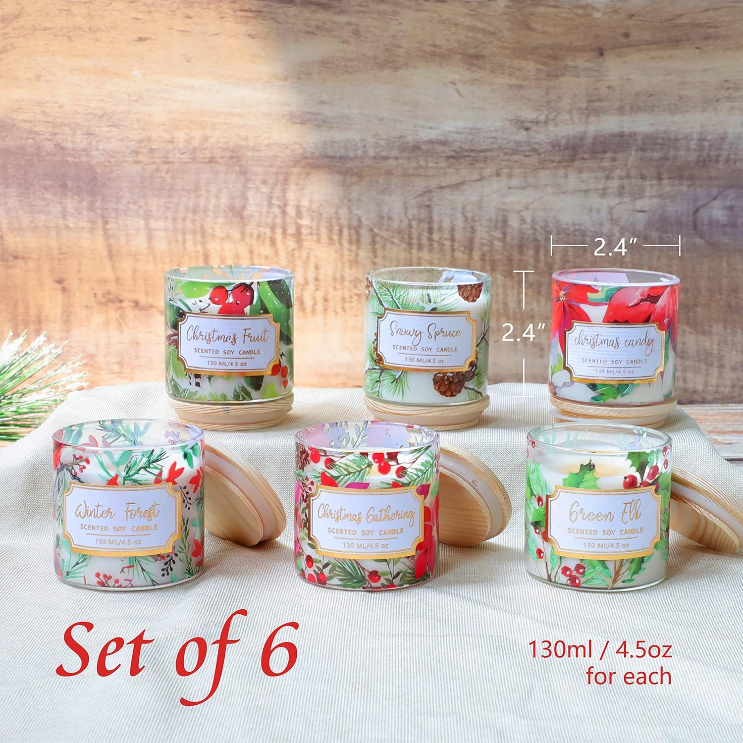 6 Pack Christmas Scented Candles With Lid Soy Wax Strong Fragrance Different Scent Clean Burn Long Time Aromatherapy Glass Jar Candles For Home Scented Xmas Theme Decorations Gift Set
