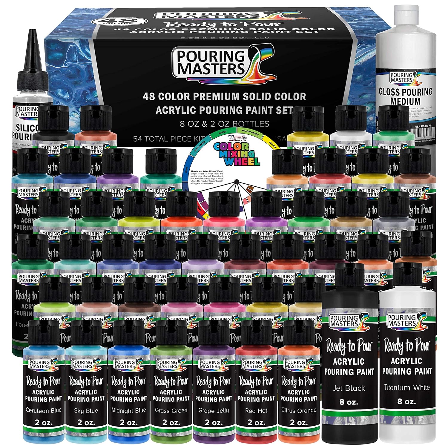 Pouring Masters 48-Color Ready-To-Pour Acrylic Pouring Paint Set: Premium Pre-Mixed, Silicone Oil & Gloss Medium, 2 Oz & 8 Oz Bottles, For Canvas, Wood & Crafts