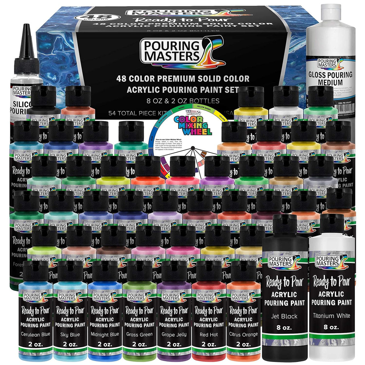 Pouring Masters 48-Color Ready-To-Pour Acrylic Pouring Paint Set: Premium Pre-Mixed, Silicone Oil & Gloss Medium, 2 Oz & 8 Oz Bottles, For Canvas, Wood & Crafts