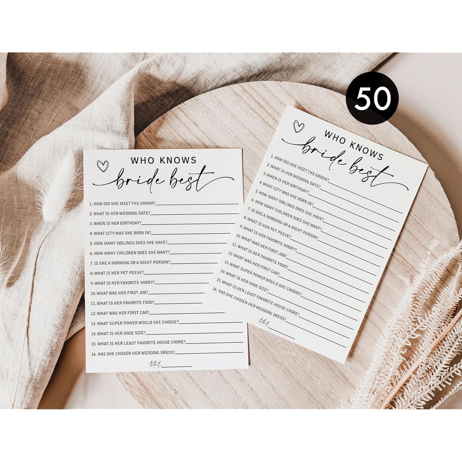 50 Who Knows The Bride Best (50-Cards) Fun Wedding Shower Decorations Engagement Party Rehearsal Dinner Game Activity, How Well Do You Know The Bride, Minimalist Script