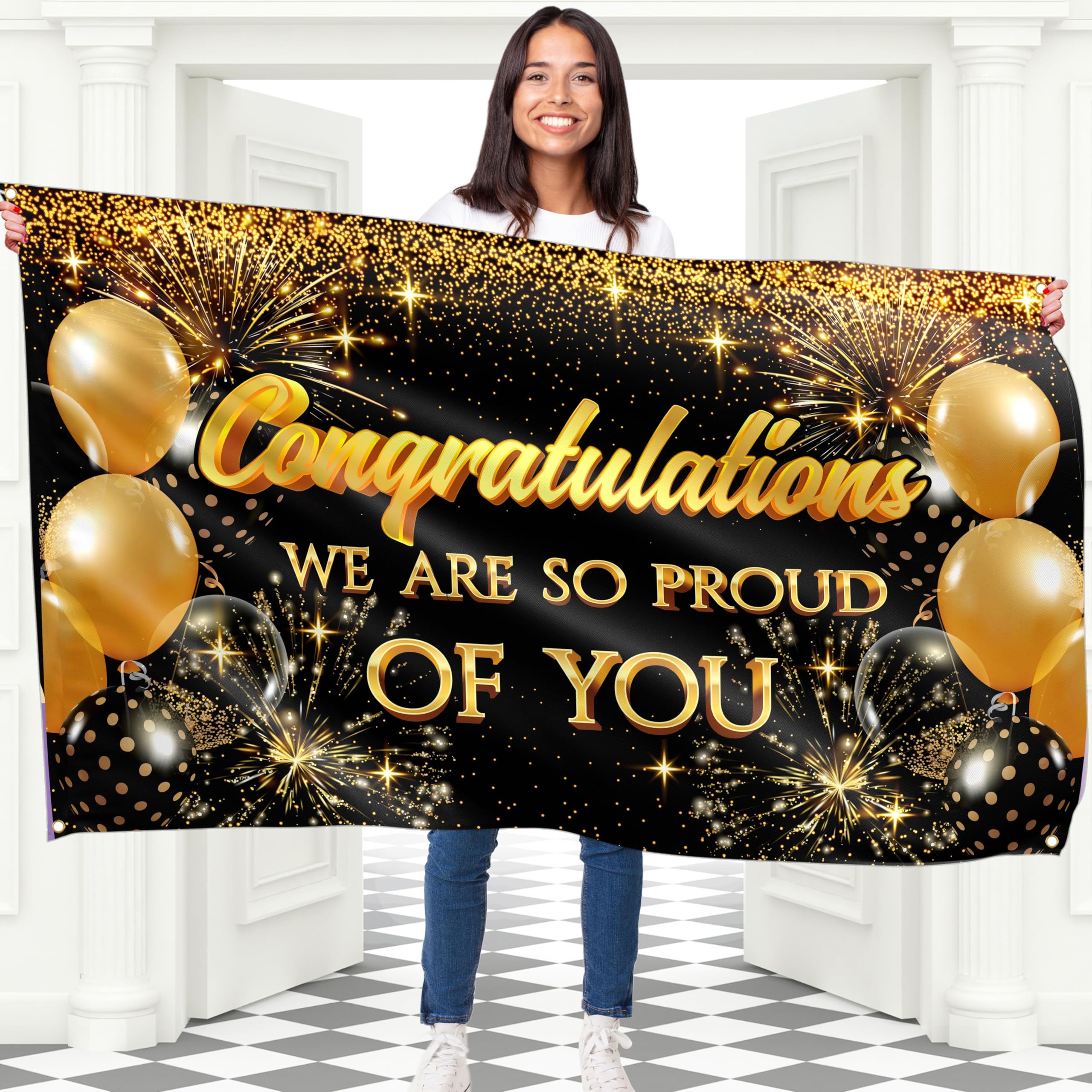 Congratulations Banner - Graduation Decorations for Prom - You Did It - Well Done - We Are So Proud of You - 5x3ft (Black and Gold)