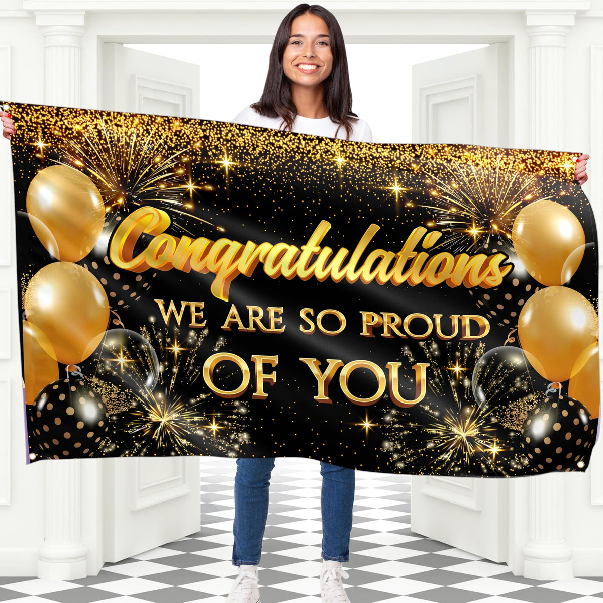 Congratulations Banner - Graduation Decorations for Prom - You Did It - Well Done - We Are So Proud of You - 5x3ft (Black and Gold)