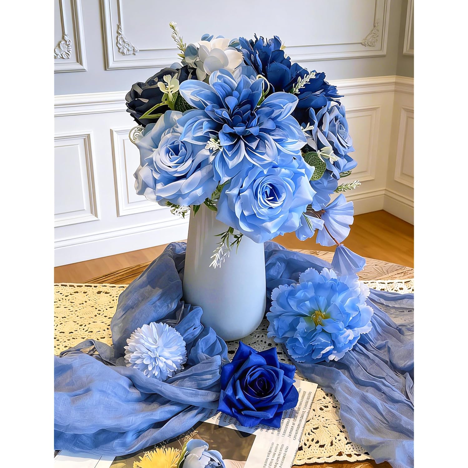 Artificial Flowers For Home Decorations: Blue Silk Fake Flowers Bulk Boxed Set, Peony Roses Bouquets With Stems For Table Centerpiece, Diy Wedding, Bridal Shower, Graduation Cap & Tea Party