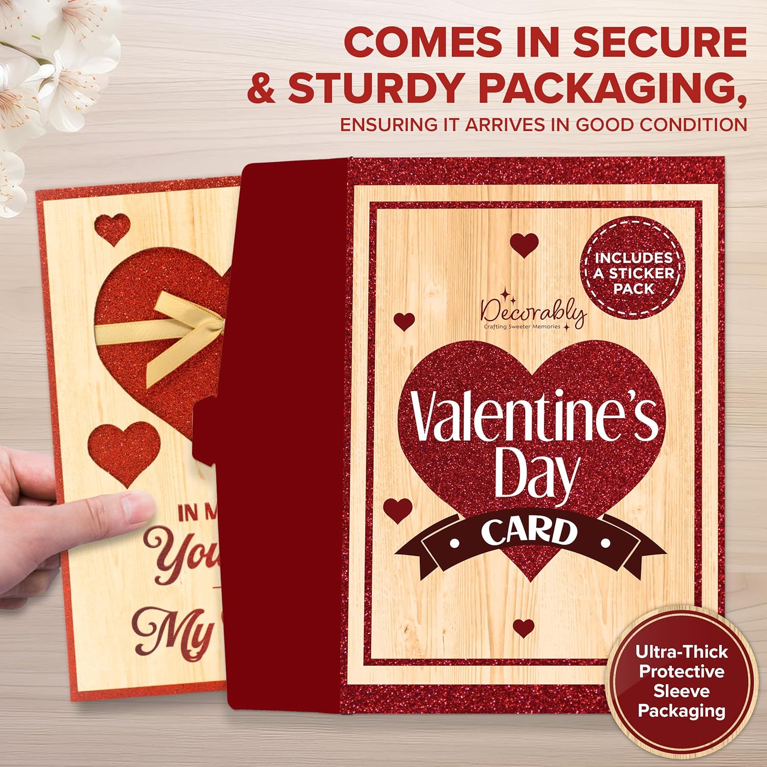 Glittery 5X7In Handmade Individual Wood Valentine Card For Husband Or Wife With Die-Cut Hearts & Ribbon, With Envelope & Stickers For Loved Ones, Printed Message Inside, Gifting & Mailing
