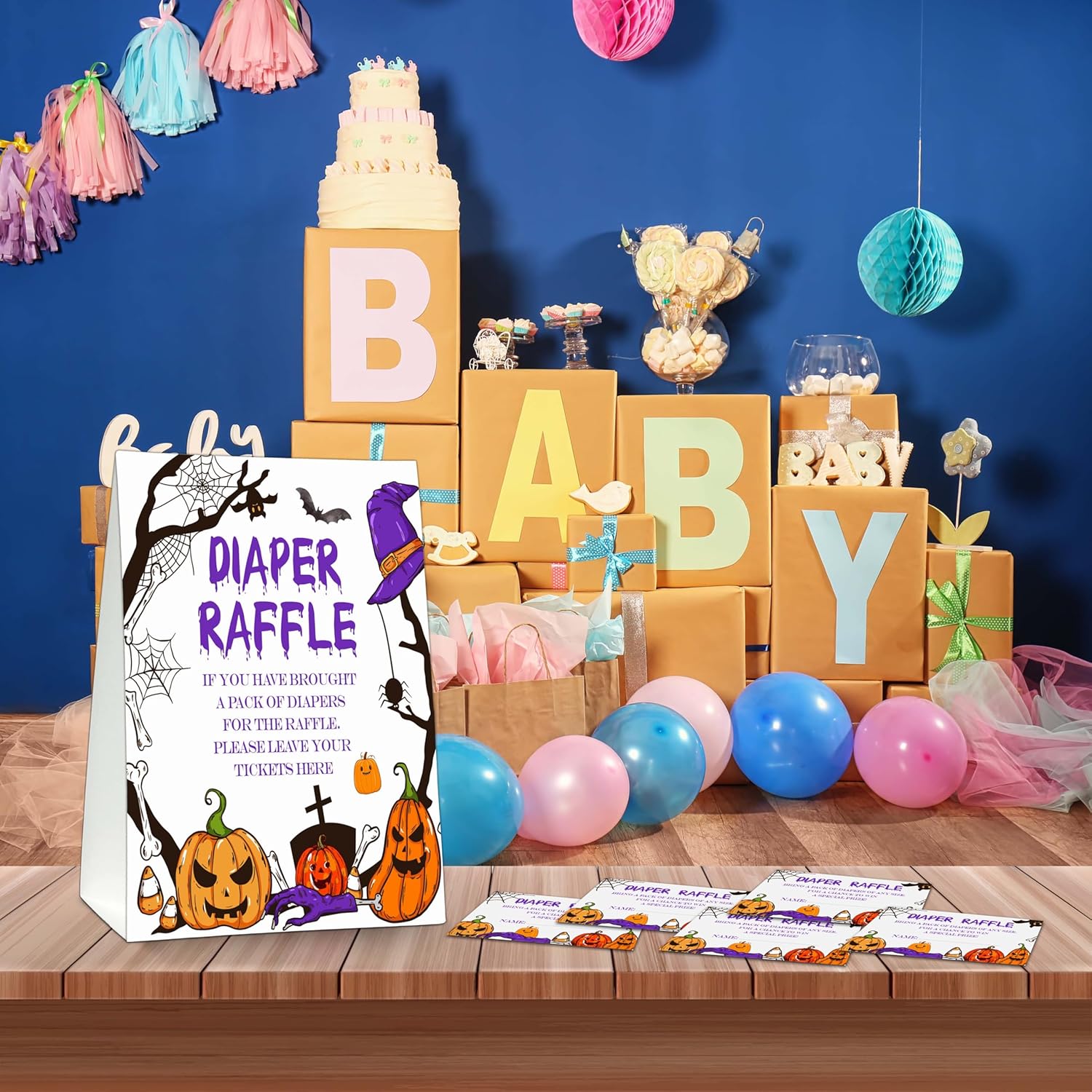 Halloween Diaper Raffle Games Sign, Halloween Baby Shower Party Game Set, Gender Reveal Party Favor Supplies Decor-1 Double Sided Standing Sign + 50 Guessing Cards (05)