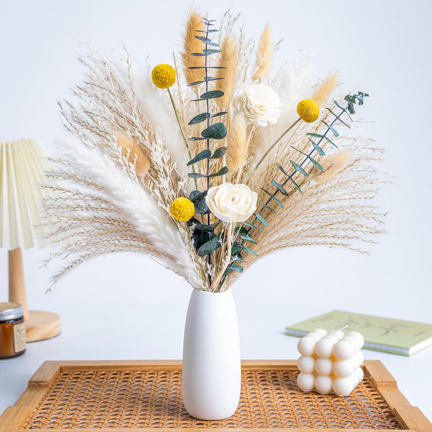 Dried Flowers Kit Reed Diffuser For Home Decor (White Ceramic Vase Included) Boho Decor , Eucalyptus Pampas Grass Bunny Tail Arrangements,Table Room Decor Wedding Party Birthday