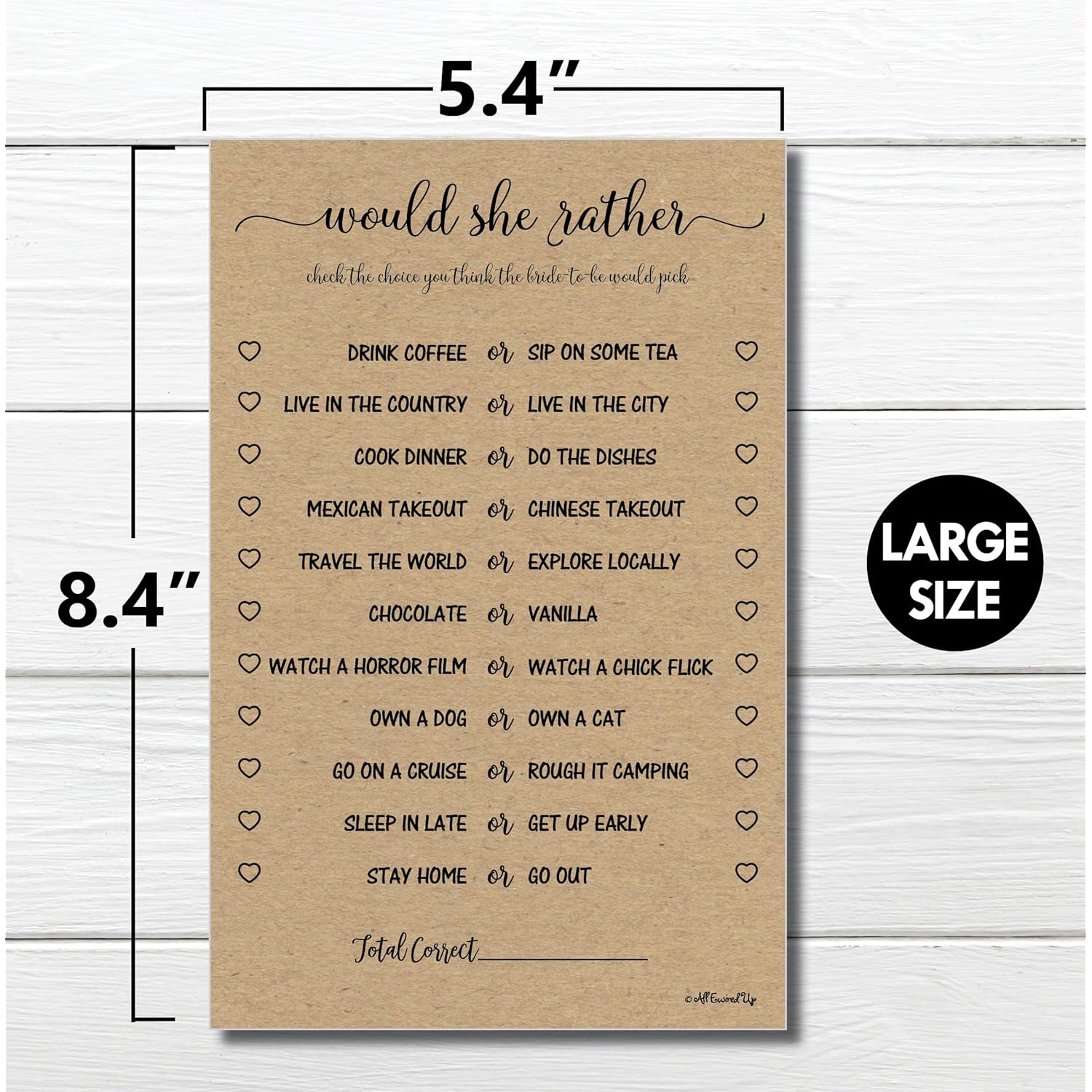 Would She Rather Game - Kraft (50-Sheets) Rustic Bridal Wedding Shower Or Bachelorette Party Game, Printed Engagement Rehearsal (Large Size Sheets)