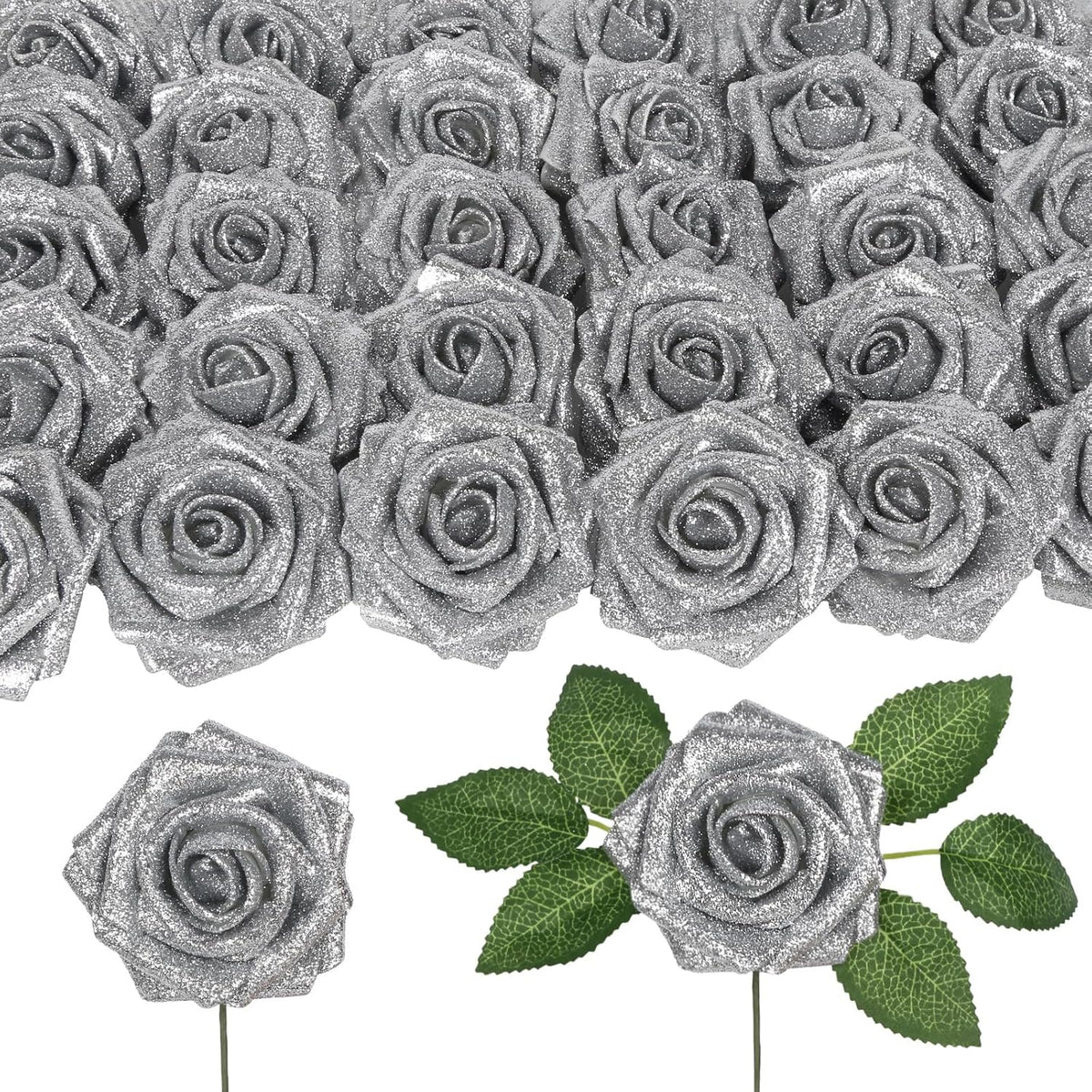 Artificial Roses 30Pcs Silver Flowers 3.15" Glitter Roses Artificial Flowers With Stems For Diy Wreath Wedding Christmas Home Party Decor(Silver)