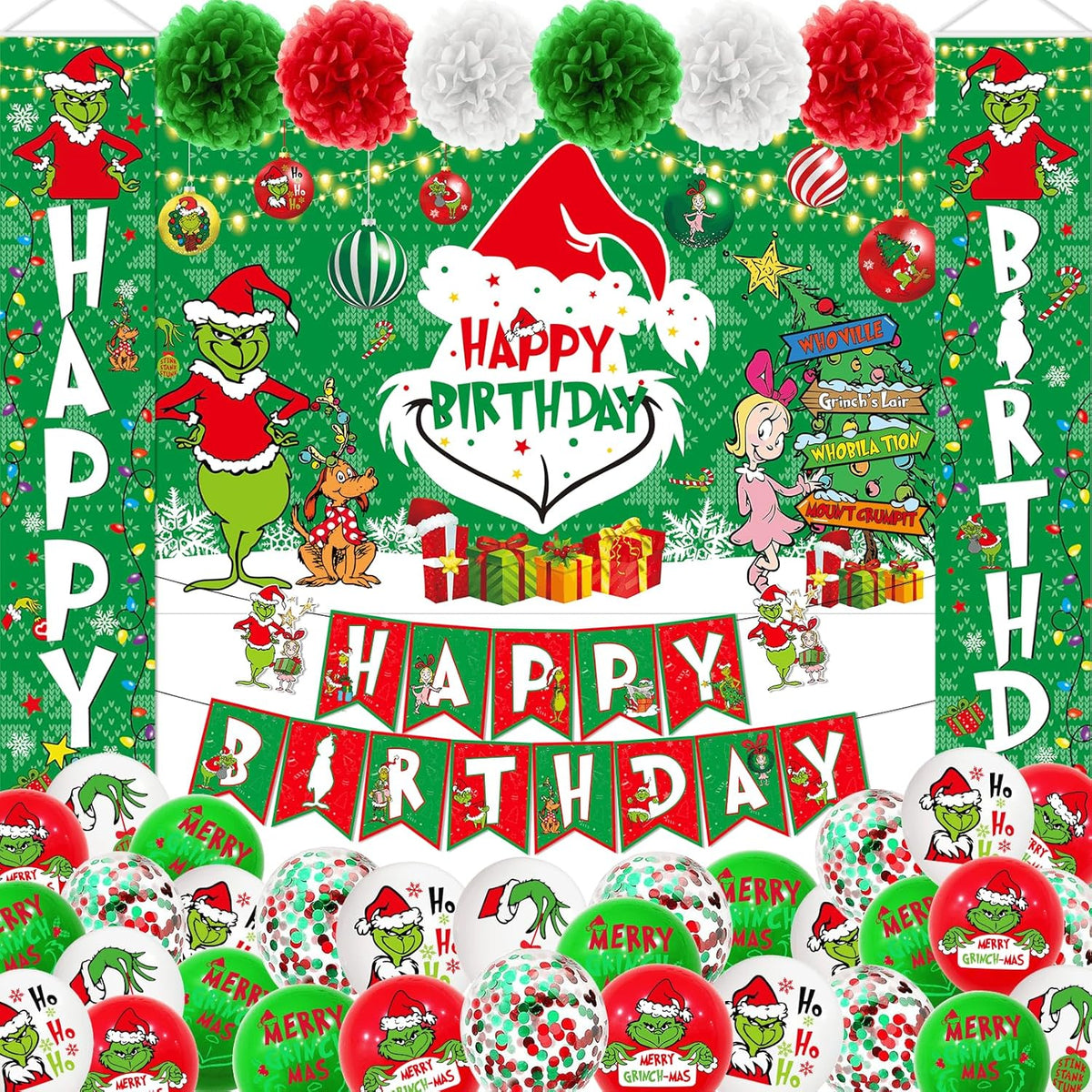 59Pcs Christmas Birthday Decorations - Happy Birthday Banner, Porch Sign, Door Backdrop, Outdoor Hanging Decor And Balloons For Party Supplies