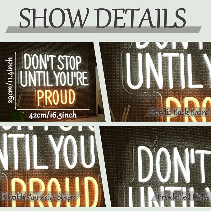 Don’t Stop Until You’re Proud Neon Sign White LED Dimmable Wall Light for Gym Bedroom Decor