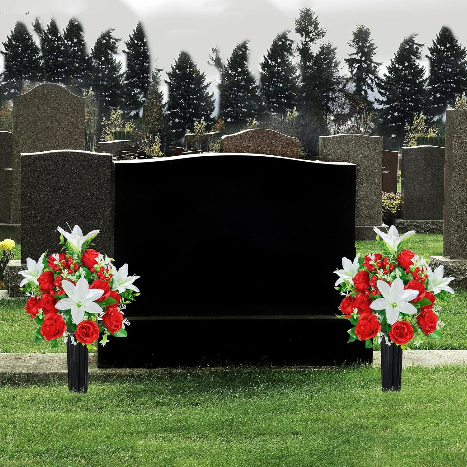 Artificial Cemetery Flowers With Vase, Set Of 2 Rose Lily Bouquet Graveside Decoration, Artificial Memorial Flowers For Easter Mother'S Day Arrangements