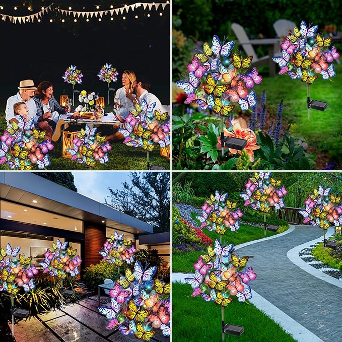 2 Pack Solar Butterfly Flower Garden Lights 44 LED Waterproof Decorative Yard Patio Lights