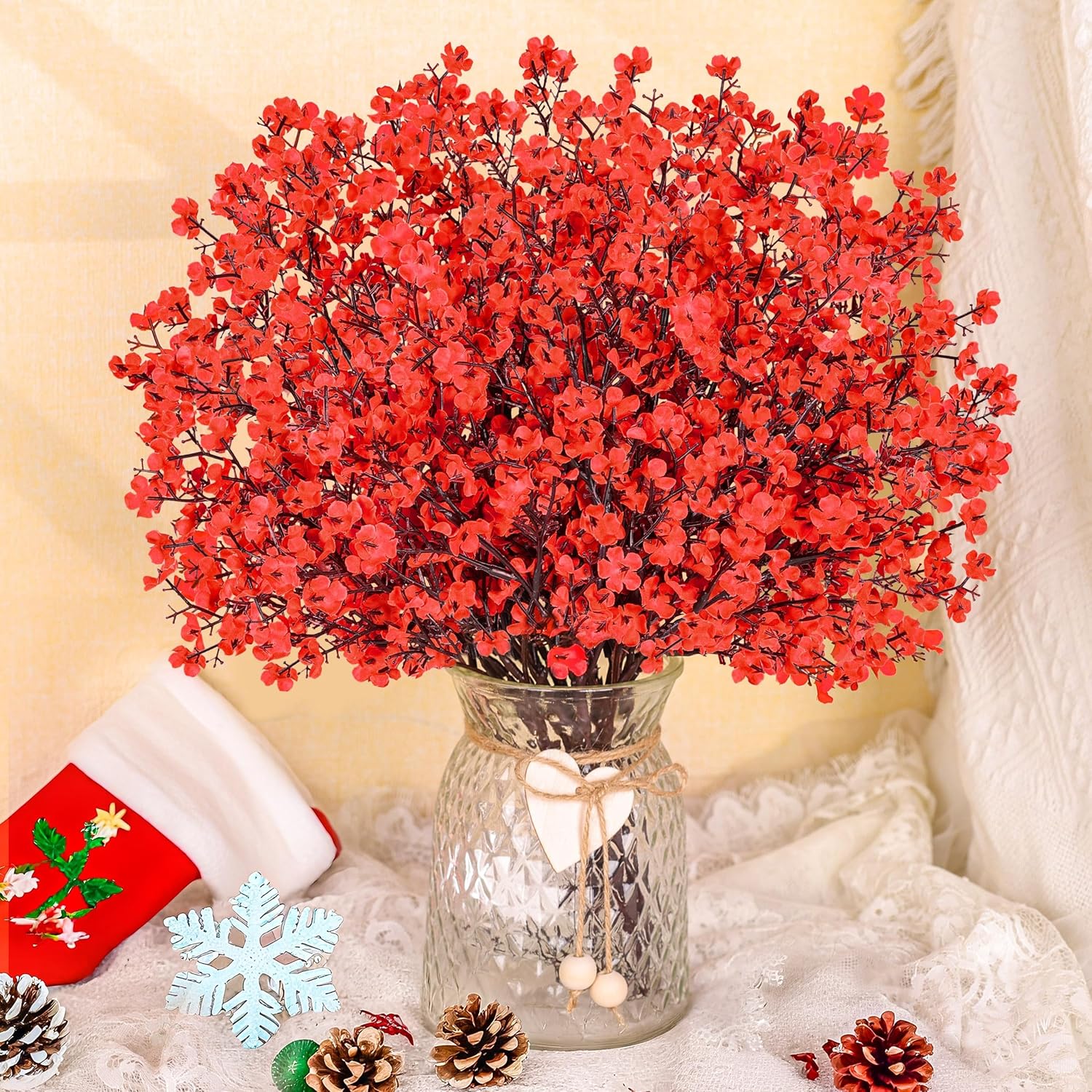 10Pcs Fake Christmas Flowers Artificial Red Baby Breath Artificial Flowers Real Silk Floral Arrangement Stems For Christmas Table Centerpieces Home Kitchen Mantle Porch Outdoor Decorations