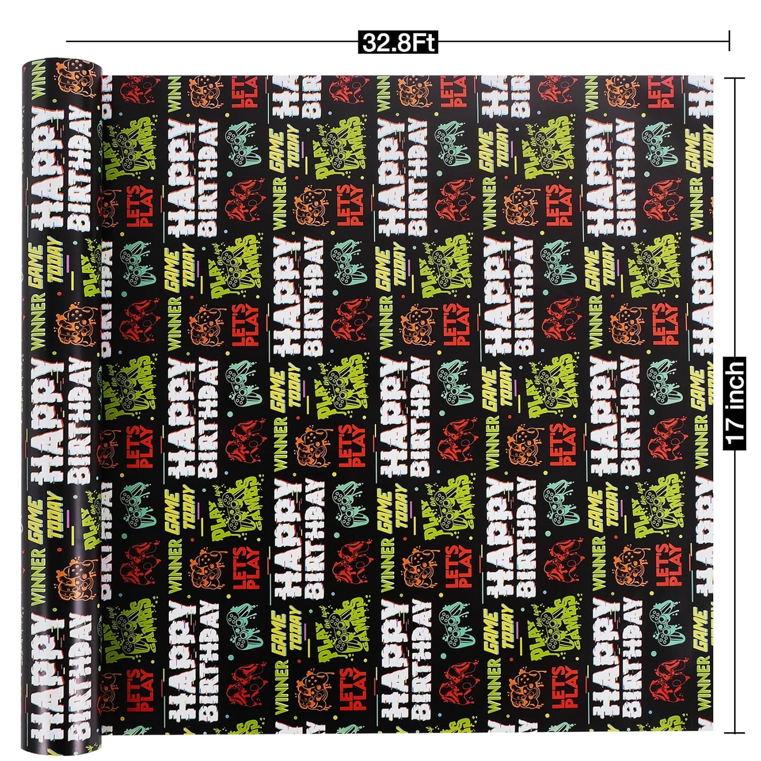 Gaming Birthday Wrapping Paper Roll - 17 Inch X 32.8 Feet - Black Happy Birthday Video Game Pattern Gift Wrap Paper For Boys Party, Baby Shower, Holiday