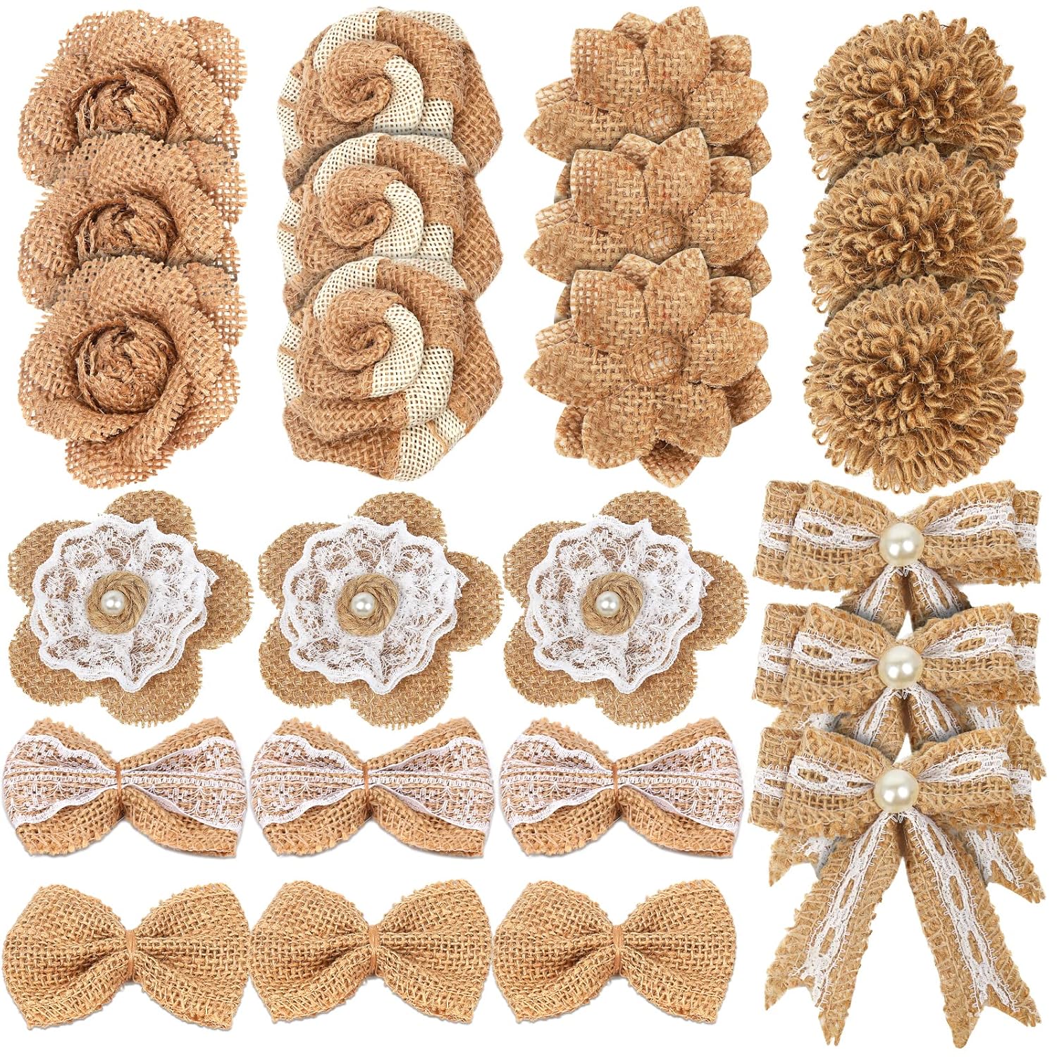24Pcs Burlap Flowers, Artificial Plants, 8 Styles Natural Handmade Rustic Rose Flower Bowknot With Faux Pearls For Diy Craft Bouquets Home Wedding Party Decoration