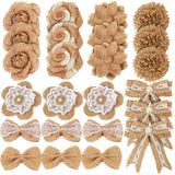24Pcs Burlap Flowers, Artificial Plants, 8 Styles Natural Handmade Rustic Rose Flower Bowknot With Faux Pearls For Diy Craft Bouquets Home Wedding Party Decoration