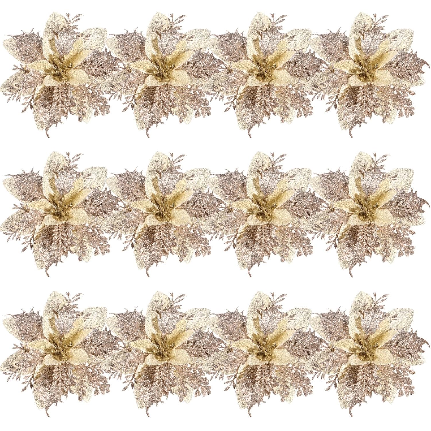 Artificial Poinsettia Christmas Flowers, Light Gold Artificial Glitter Poinsettia Flowers Christmas Tree For S Wedding Party Wreath With Stems And Clips 12Pcs