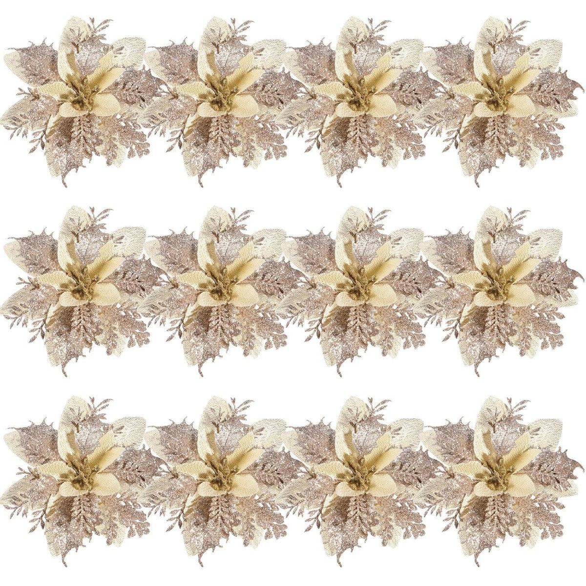Artificial Poinsettia Christmas Flowers, Light Gold Artificial Glitter Poinsettia Flowers Christmas Tree For S Wedding Party Wreath With Stems And Clips 12Pcs