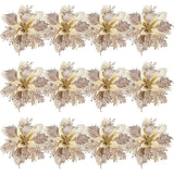 Artificial Poinsettia Christmas Flowers, Light Gold Artificial Glitter Poinsettia Flowers Christmas Tree For S Wedding Party Wreath With Stems And Clips 12Pcs