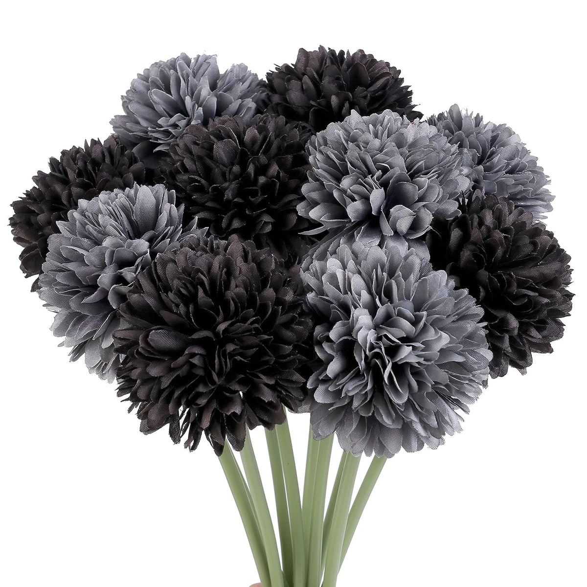 Artificial Flowers 10 Pcs Fake Silk Artificial Chrysanthemum Ball Hydrangea Bridal Wedding Bouquet For Kitchen Home Decor (Black,Grey)
