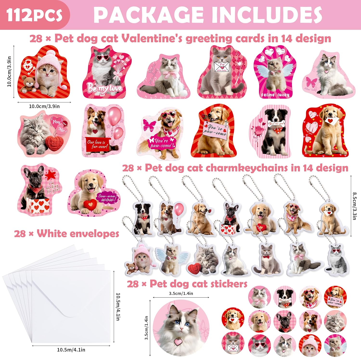 28 Pack Pet Cat & Dog Charm Valentine'S Card & Keychains Set For Kids School Classroom Exchange Gift Boys Girls Party Favors (28 Cards,28 Keychains,28 Envelopes, 42 Stickers)